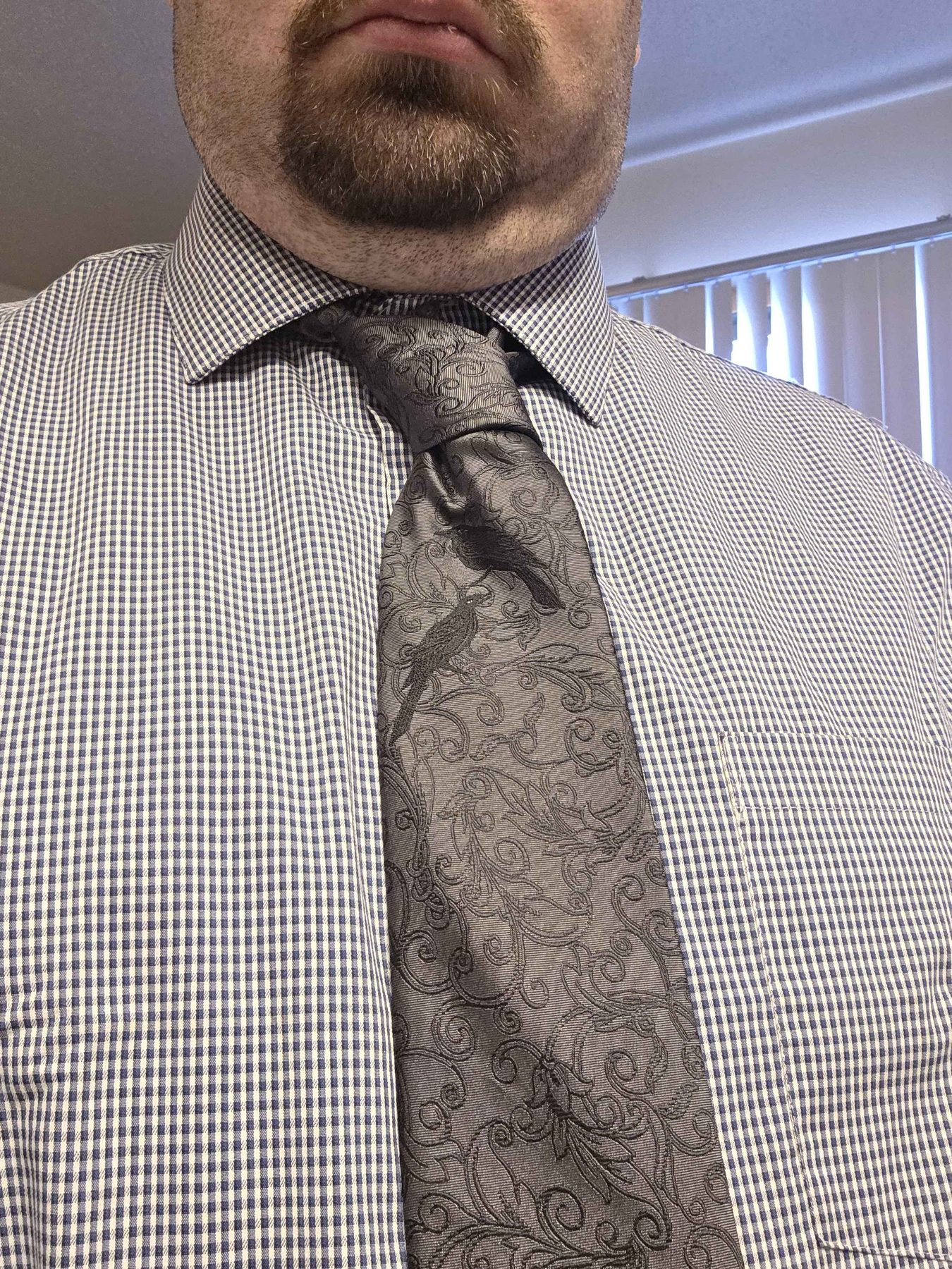 Prototype necktie with a blue gingham shirt